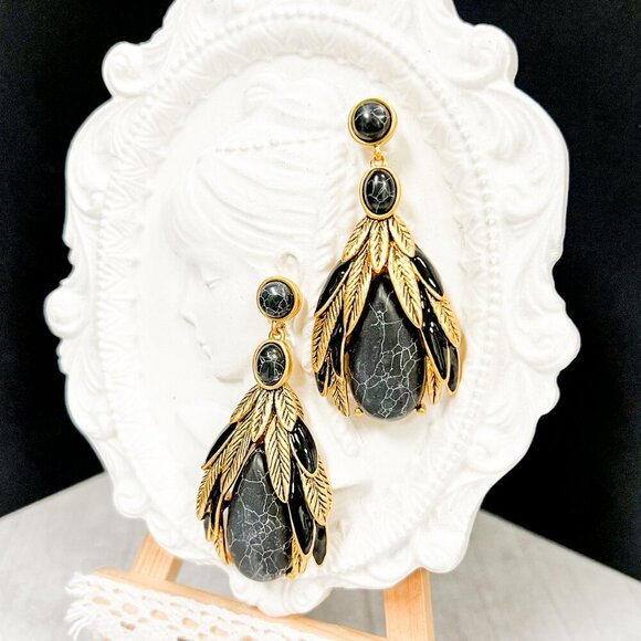 Black Tahitian Earrings, Black Pearl Earring, Black Gemstone Drops, Earring Gift - Picture 1 of 9